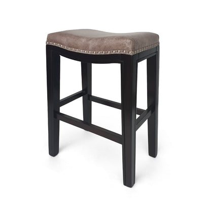 Benjara Feine Counter Stool Set of 2, Nailhead Trim, Taupe Gray Faux Leather
