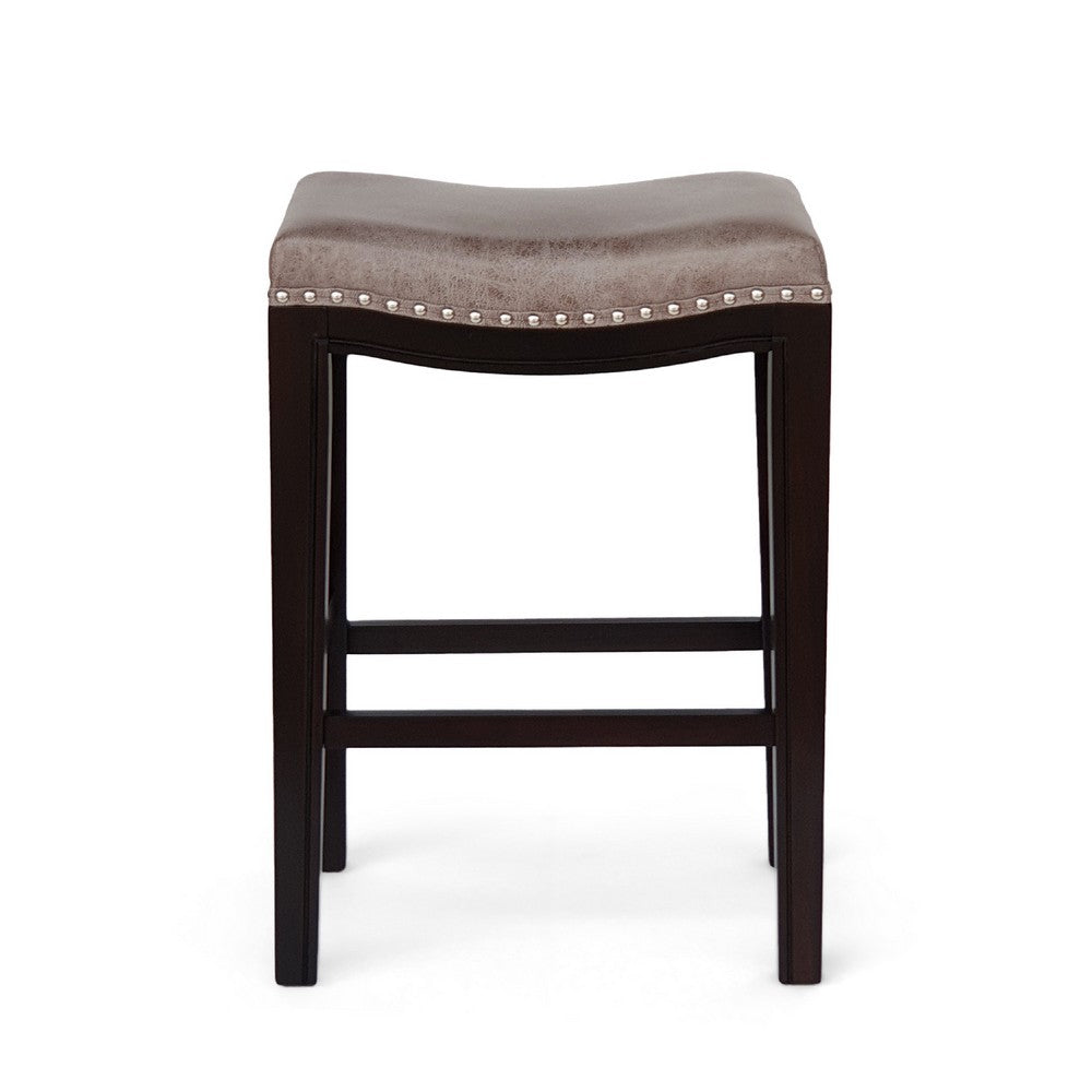 Benjara Feine Counter Stool Set of 2, Nailhead Trim, Taupe Gray Faux Leather