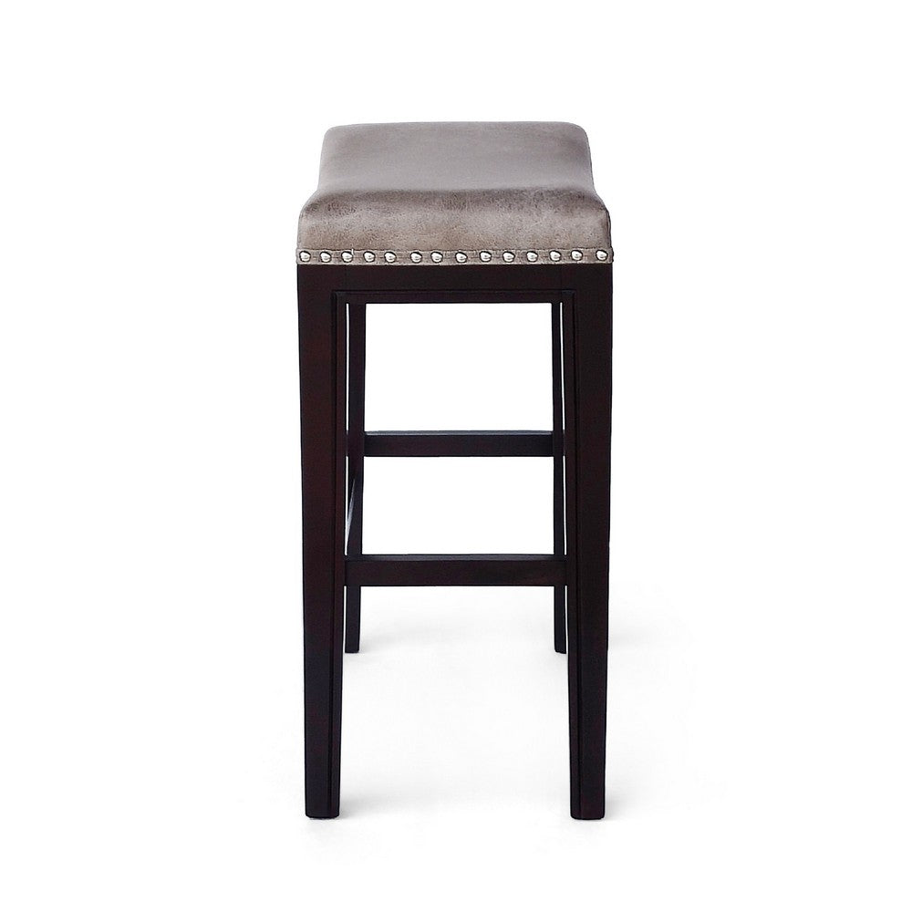 Benjara Feine Counter Stool Set of 2, Nailhead Trim, Taupe Gray Faux Leather
