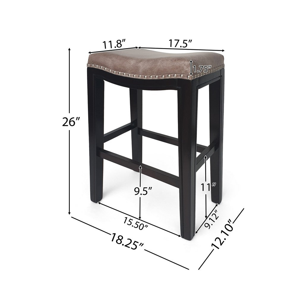 Benjara Feine Counter Stool Set of 2, Nailhead Trim, Taupe Gray Faux Leather