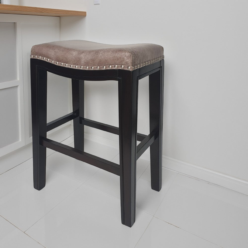 Benjara Feine Counter Stool Set of 2, Nailhead Trim, Taupe Gray Faux Leather