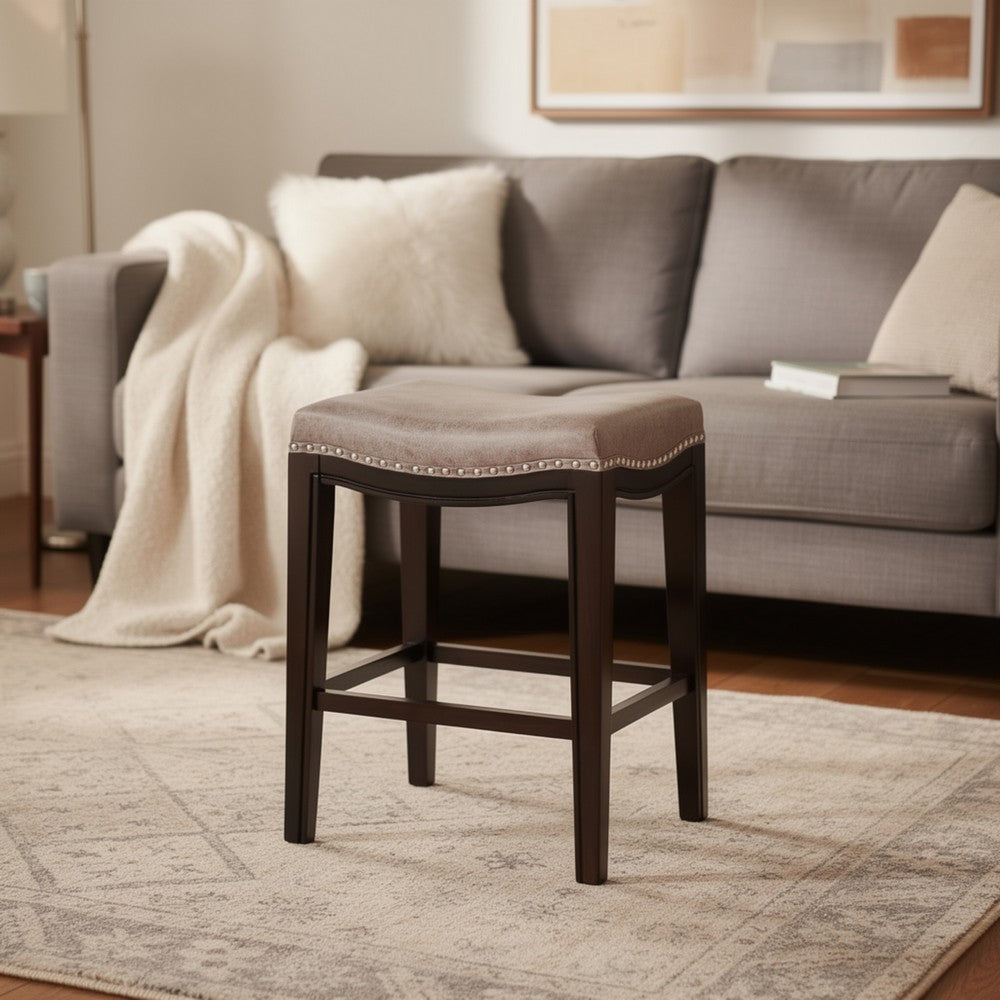Benjara Feine Counter Stool Set of 2, Nailhead Trim, Taupe Gray Faux Leather