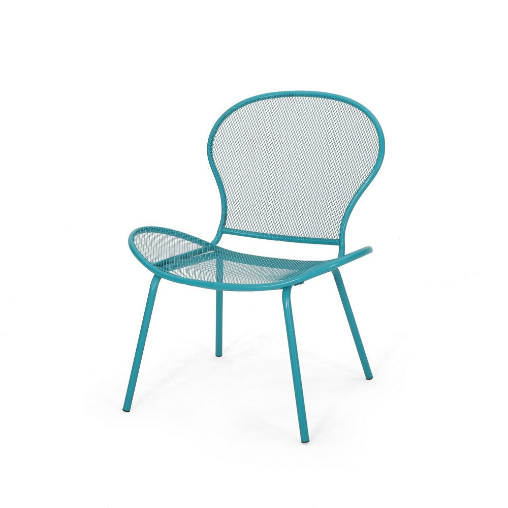 Benjara Nian Accent Chair Set of 2, Shell Shape Mesh Seat, Reto Teal Blue Iron