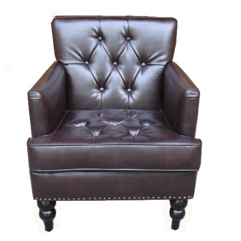 Benjara Lit Club Armchair, Turned Birch Wood Legs, Brown Tufted Faux Leather