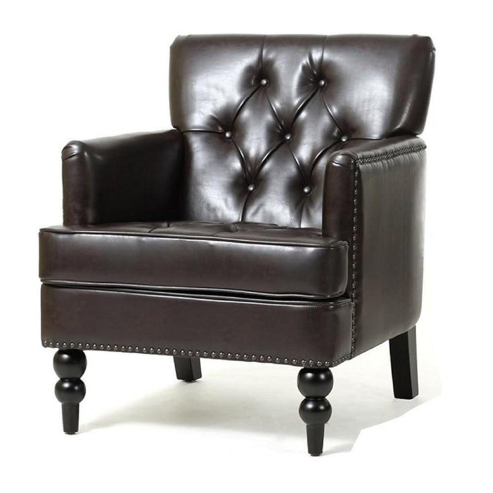 Benjara Lit Club Armchair, Turned Birch Wood Legs, Brown Tufted Faux Leather