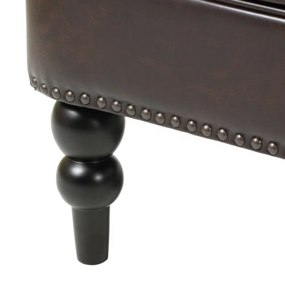 Benjara Lit Club Armchair, Turned Birch Wood Legs, Brown Tufted Faux Leather