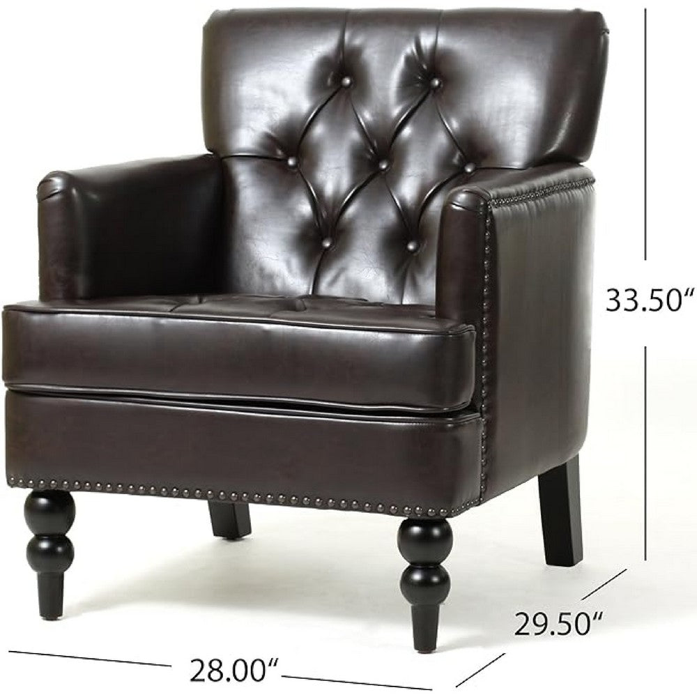 Benjara Lit Club Armchair, Turned Birch Wood Legs, Brown Tufted Faux Leather