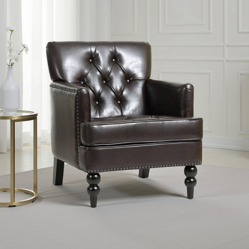 Benjara Lit Club Armchair, Turned Birch Wood Legs, Brown Tufted Faux Leather