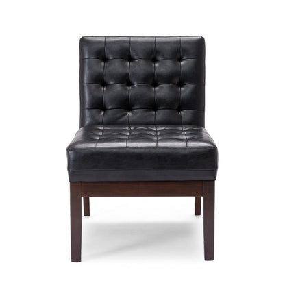 Benjara Keyur Accent Chair, Rubberwood Legs, Black Waffle-Stitch Faux Leather