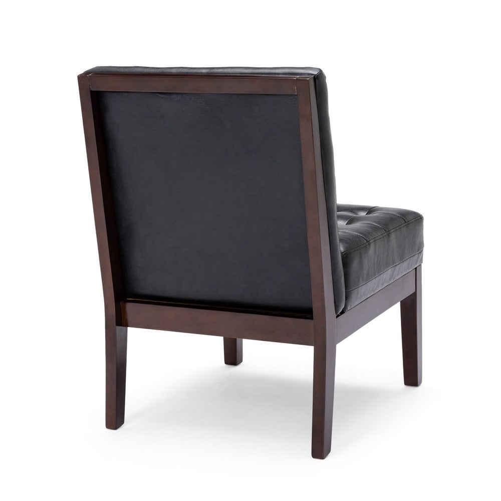 Benjara Keyur Accent Chair, Rubberwood Legs, Black Waffle-Stitch Faux Leather