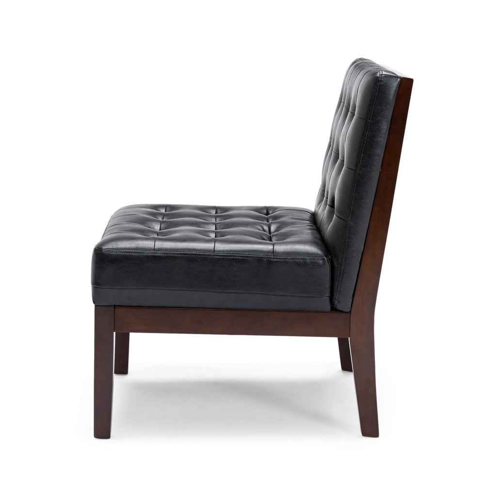 Benjara Keyur Accent Chair, Rubberwood Legs, Black Waffle-Stitch Faux Leather