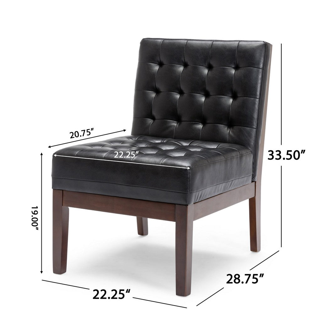 Benjara Keyur Accent Chair, Rubberwood Legs, Black Waffle-Stitch Faux Leather