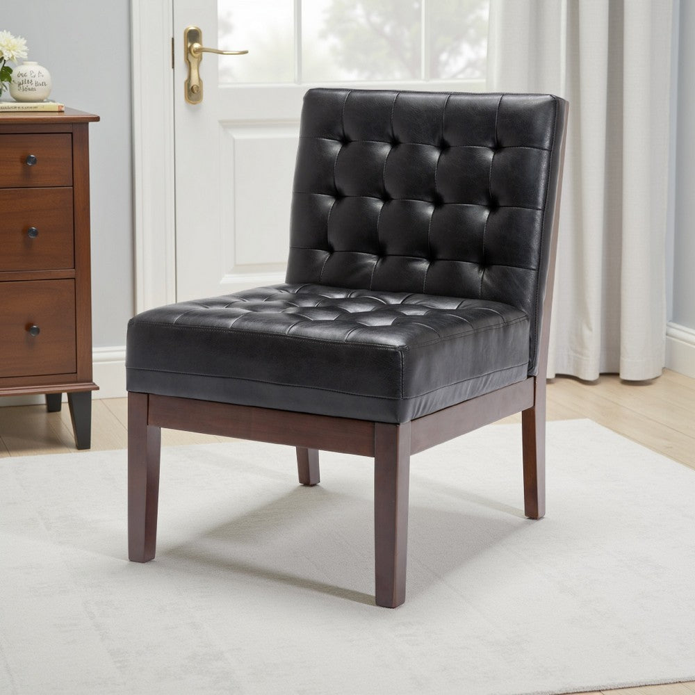 Benjara Keyur Accent Chair, Rubberwood Legs, Black Waffle-Stitch Faux Leather