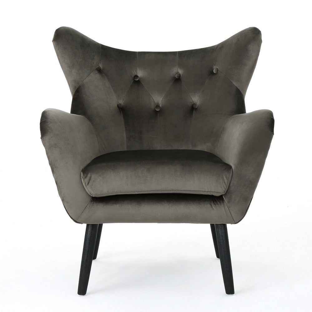 Benjara Zorro Armchair, Black Angled Wood Legs, Gray Button Tufted Velvet