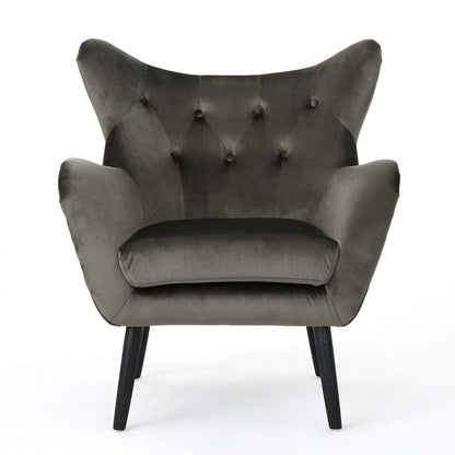 Benjara Zorro Armchair, Black Angled Wood Legs, Gray Button Tufted Velvet