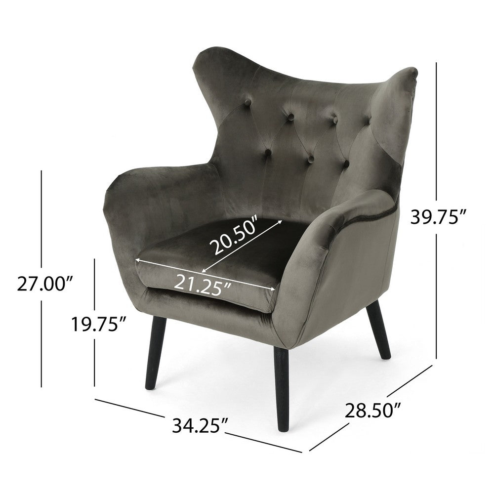 Benjara Zorro Armchair, Black Angled Wood Legs, Gray Button Tufted Velvet