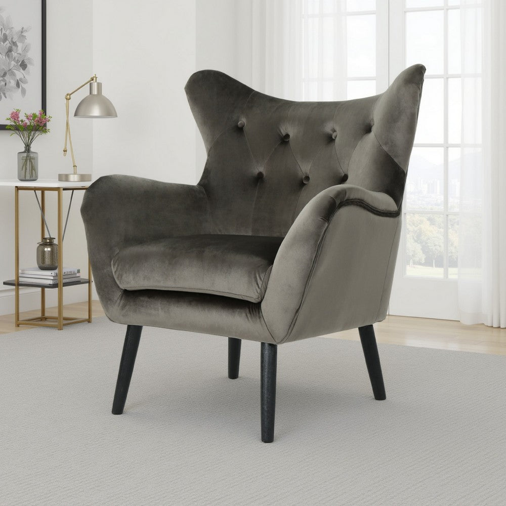 Benjara Zorro Armchair, Black Angled Wood Legs, Gray Button Tufted Velvet