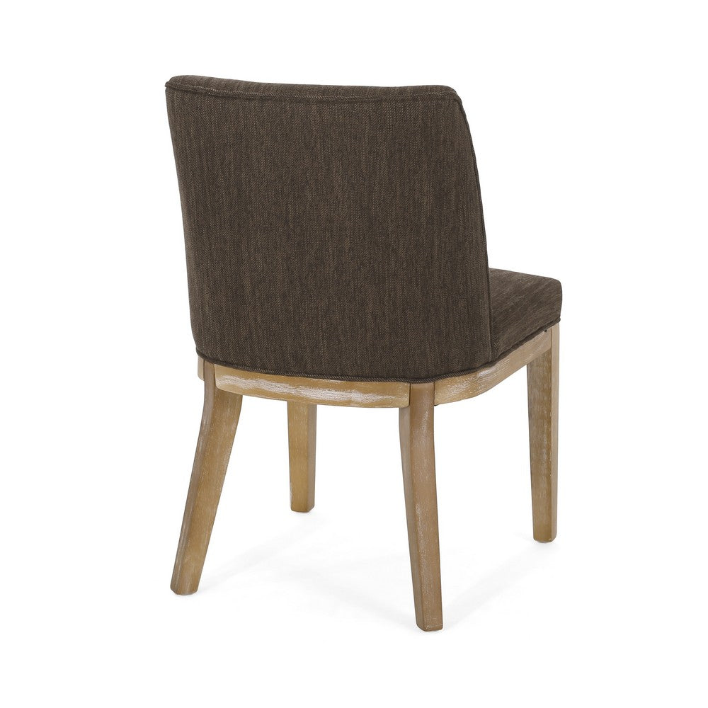 Benjara Edena Dining Chair Set of 2, Weathered Rubberwood Legs, Brown Fabric