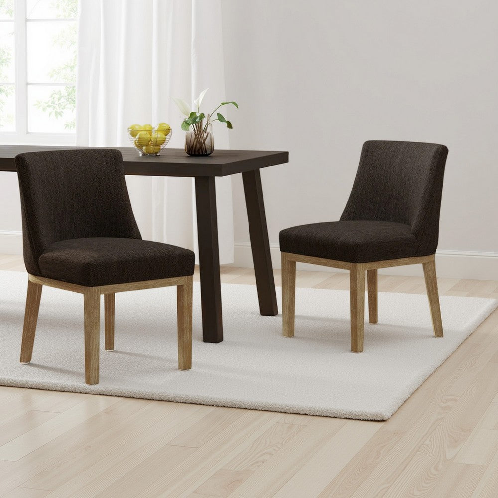 Benjara Edena Dining Chair Set of 2, Weathered Rubberwood Legs, Brown Fabric