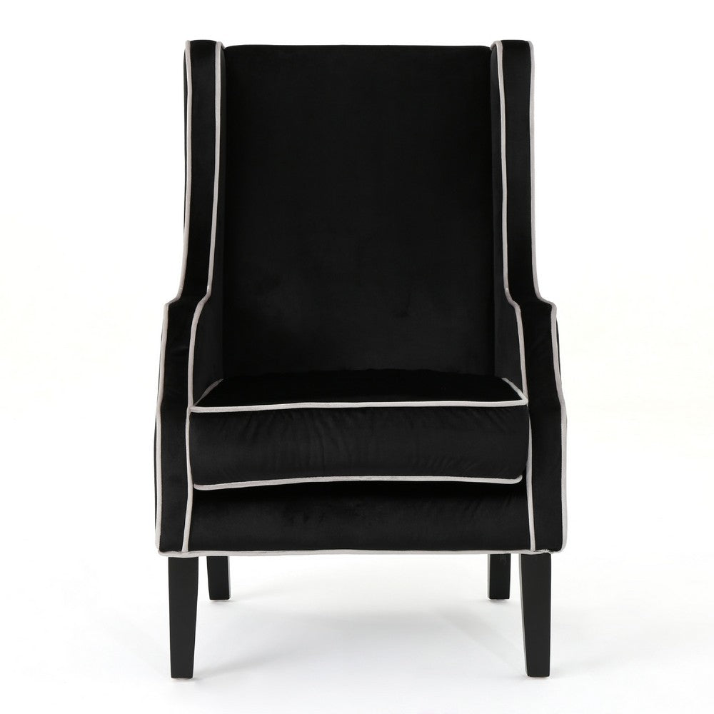Benjara Vendy Accent Club Armchair, High Backrest, Rubberwood, Black Velvet