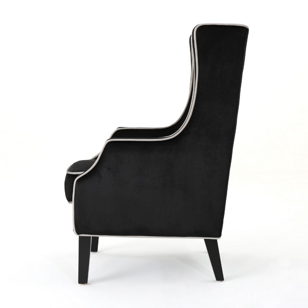 Benjara Vendy Accent Club Armchair, High Backrest, Rubberwood, Black Velvet