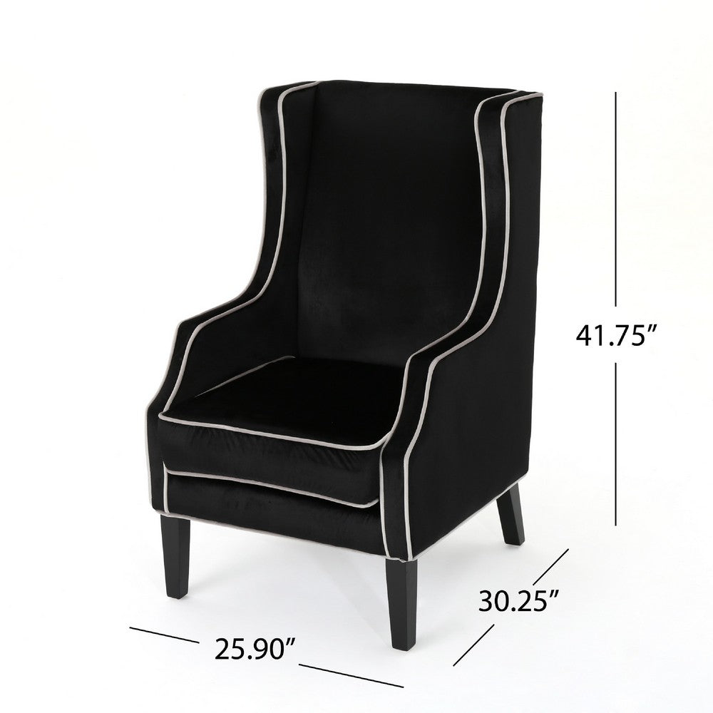 Benjara Vendy Accent Club Armchair, High Backrest, Rubberwood, Black Velvet