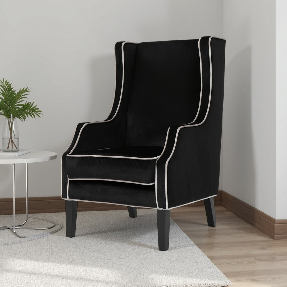 Benjara Vendy Accent Club Armchair, High Backrest, Rubberwood, Black Velvet