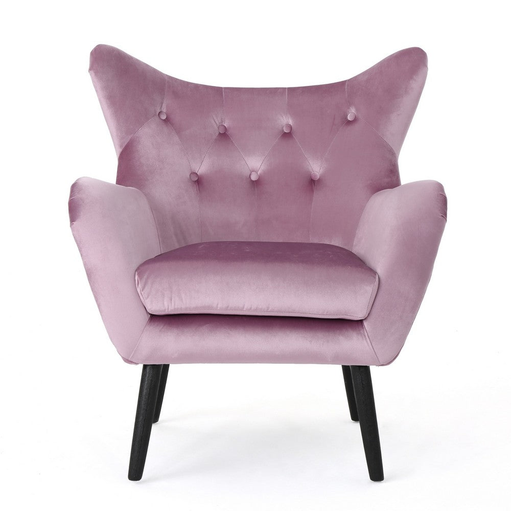 Benjara Zorro Accent Armchair, Black Angled Wood Legs, Pink Tufted Velvet