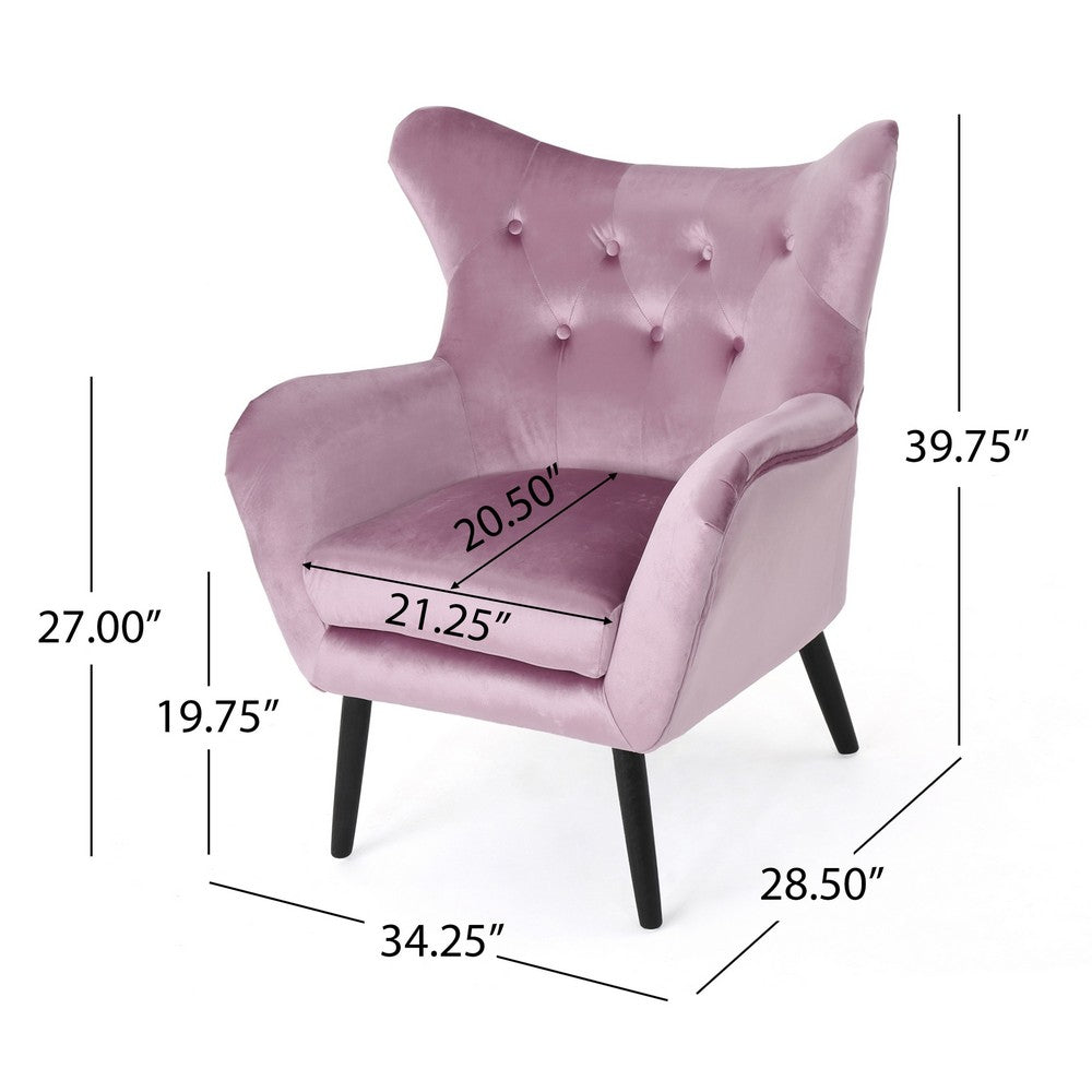 Benjara Zorro Accent Armchair, Black Angled Wood Legs, Pink Tufted Velvet