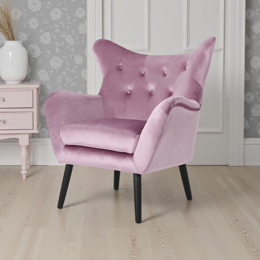 Benjara Zorro Accent Armchair, Black Angled Wood Legs, Pink Tufted Velvet