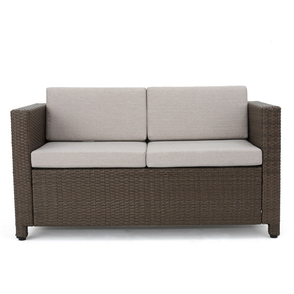 Benjara Perie Outdoor Loveseat, Modern Brown Faux Rattan, Gray Polyester