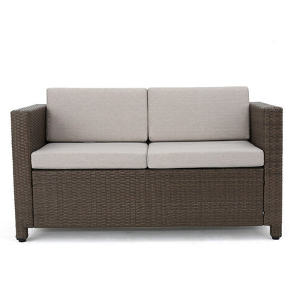 Benjara Perie Outdoor Loveseat, Modern Brown Faux Rattan, Gray Polyester
