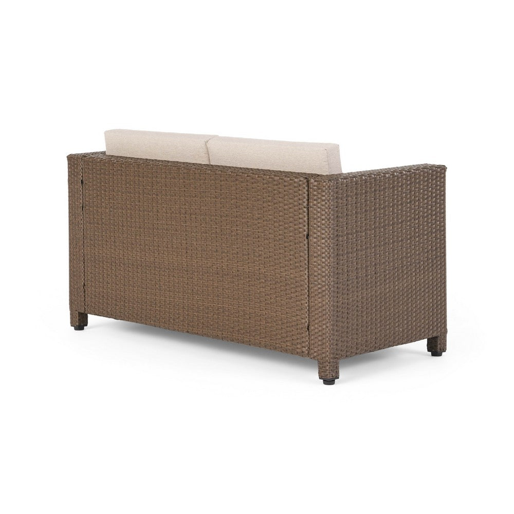 Benjara Perie Outdoor Loveseat, Modern Brown Faux Rattan, Gray Polyester