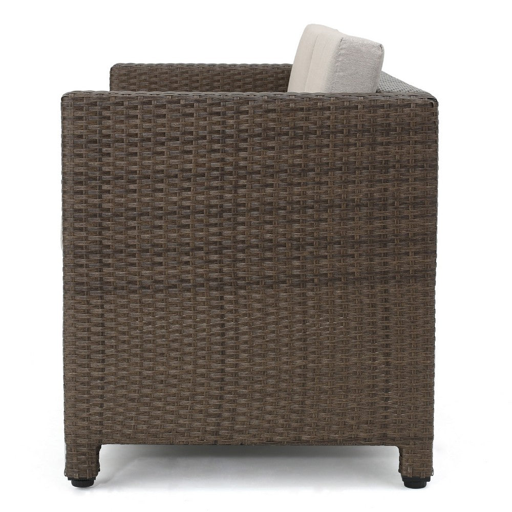 Benjara Perie Outdoor Loveseat, Modern Brown Faux Rattan, Gray Polyester