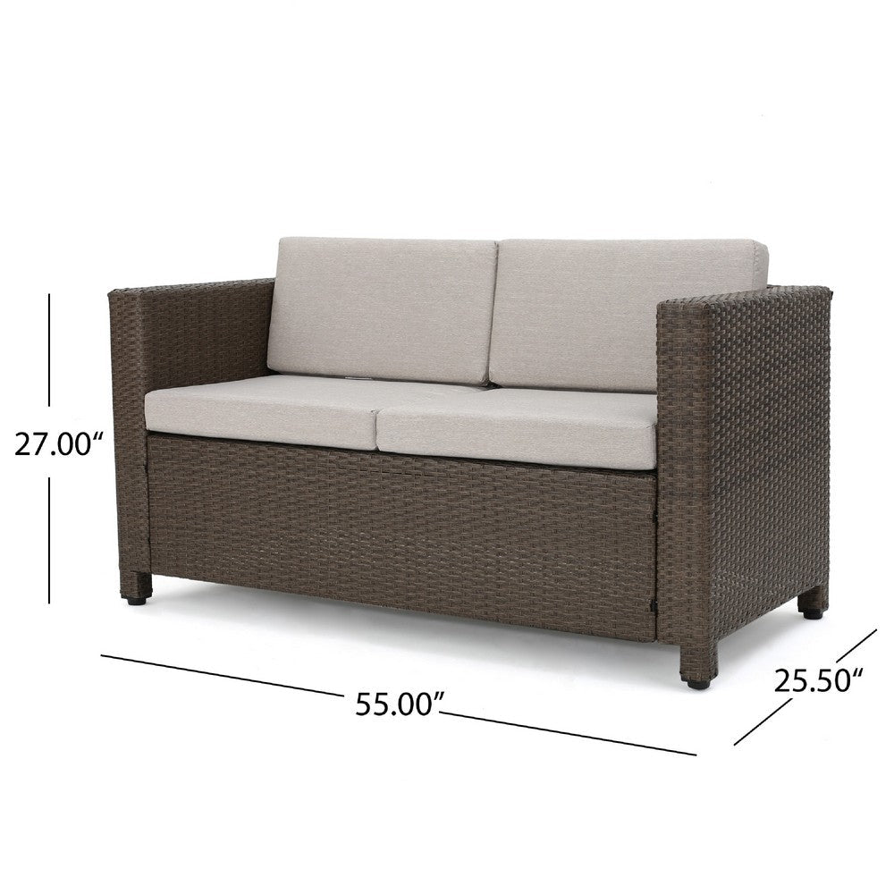 Benjara Perie Outdoor Loveseat, Modern Brown Faux Rattan, Gray Polyester