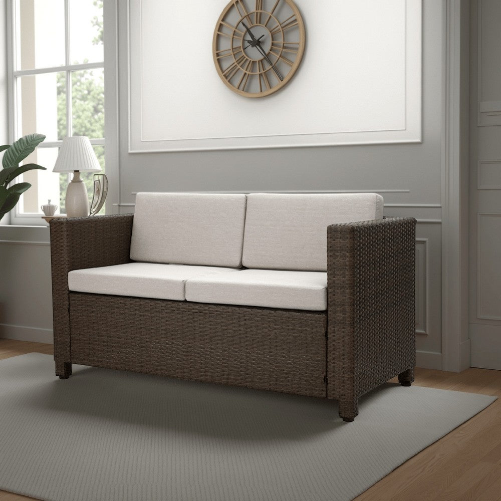 Benjara Perie Outdoor Loveseat, Modern Brown Faux Rattan, Gray Polyester