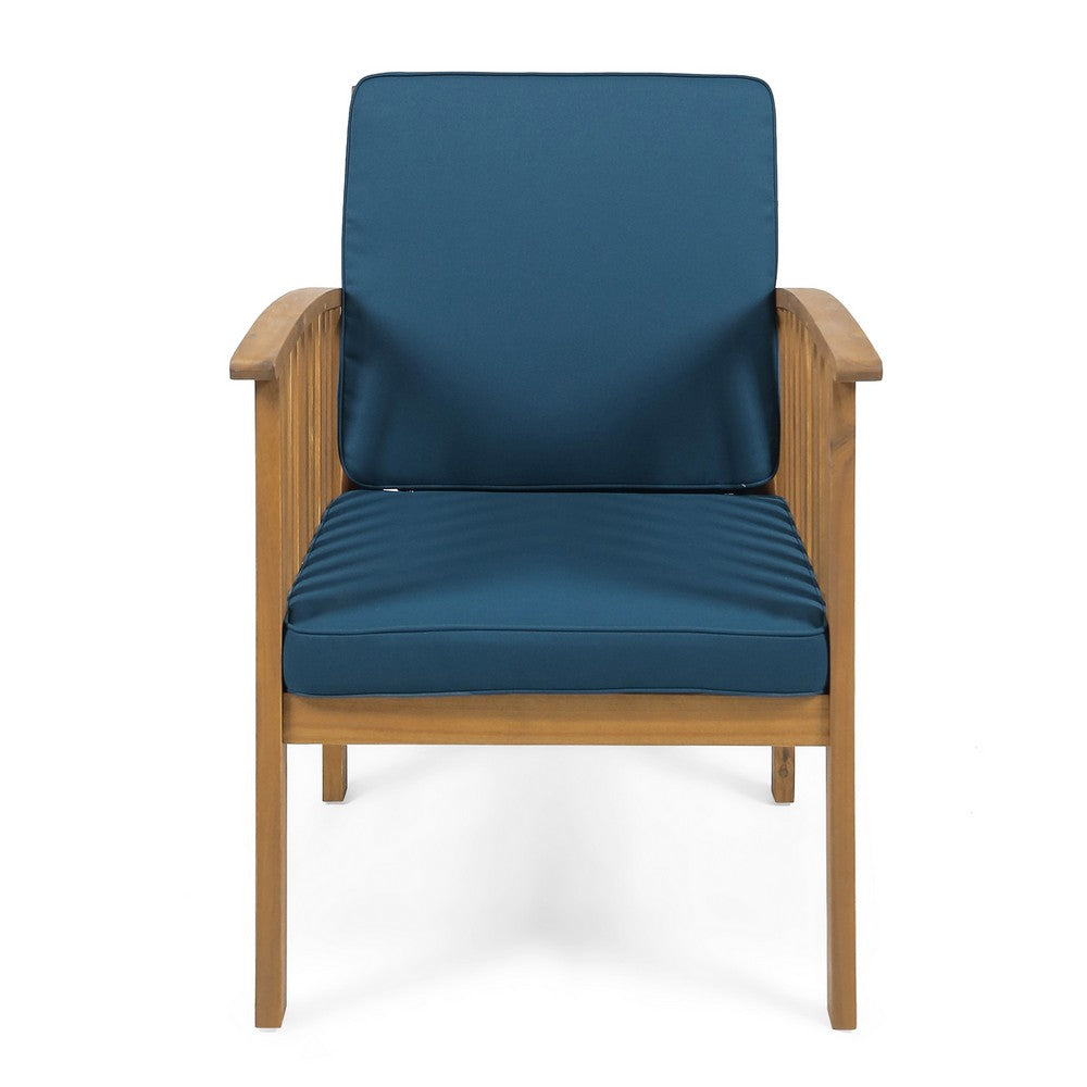 Benjara Gerry Outdoor Club Chair Set of 2, Slatted Design, Brown Wood, Blue