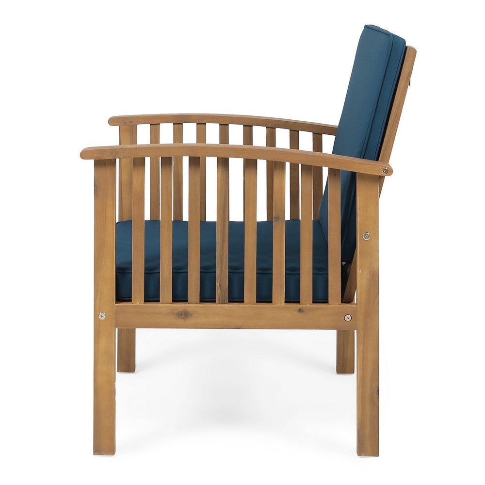 Benjara Gerry Outdoor Club Chair Set of 2, Slatted Design, Brown Wood, Blue