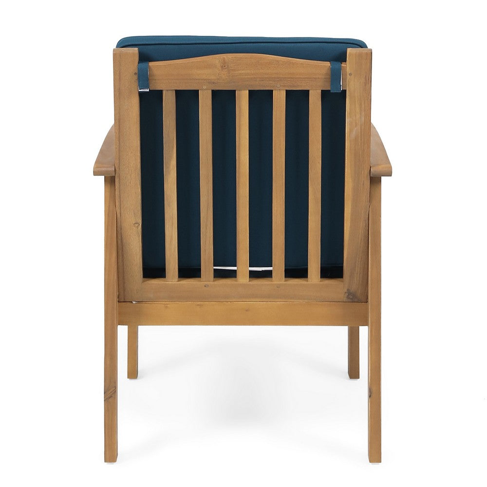 Benjara Gerry Outdoor Club Chair Set of 2, Slatted Design, Brown Wood, Blue