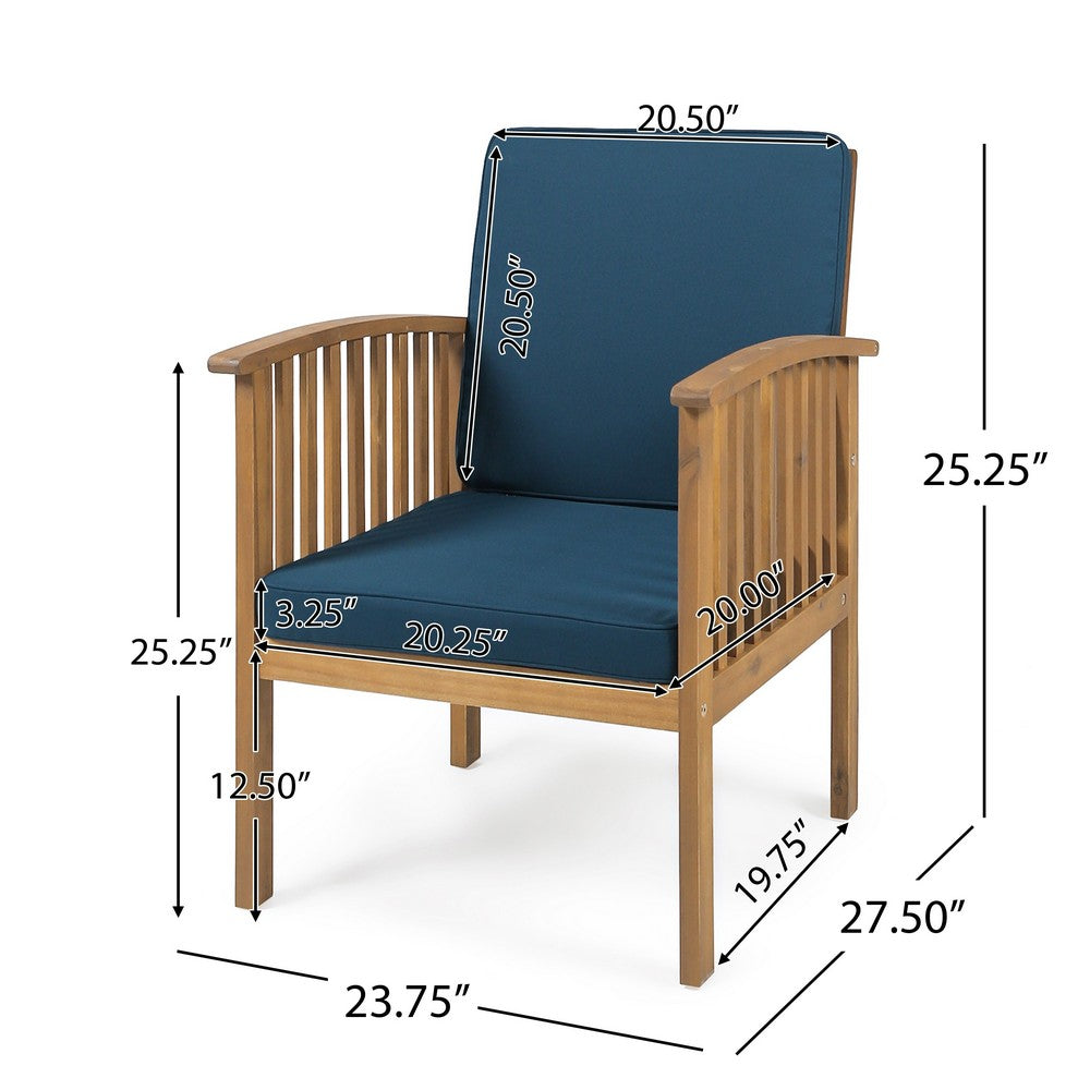 Benjara Gerry Outdoor Club Chair Set of 2, Slatted Design, Brown Wood, Blue