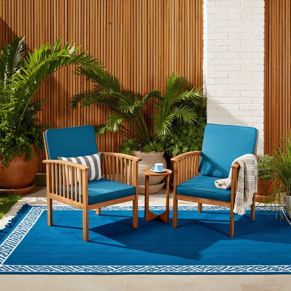 Benjara Gerry Outdoor Club Chair Set of 2, Slatted Design, Brown Wood, Blue