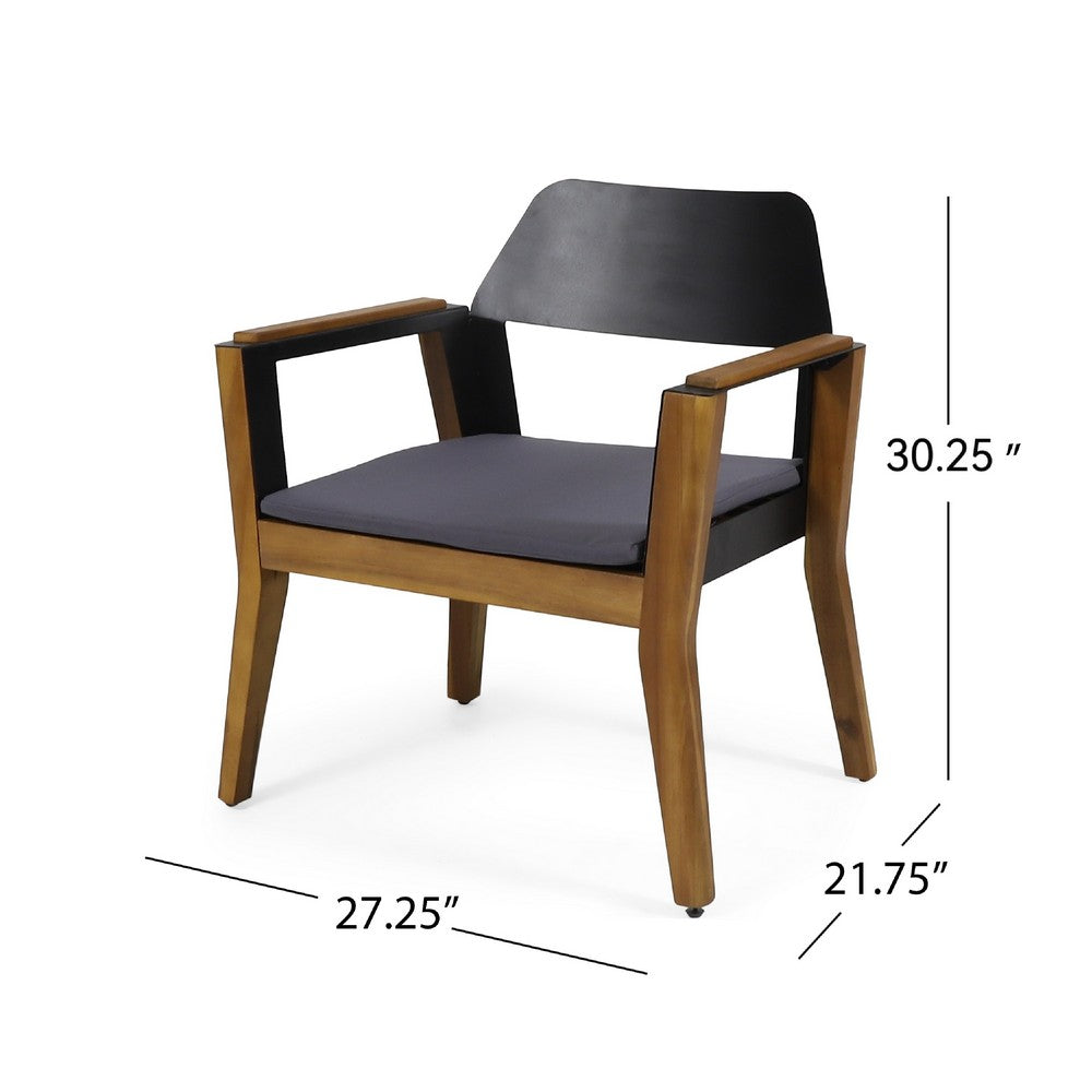 Benjara Soyan Outdoor Club Chair Set of 2, Teak Brown Acacia Wood, Blue Fabric