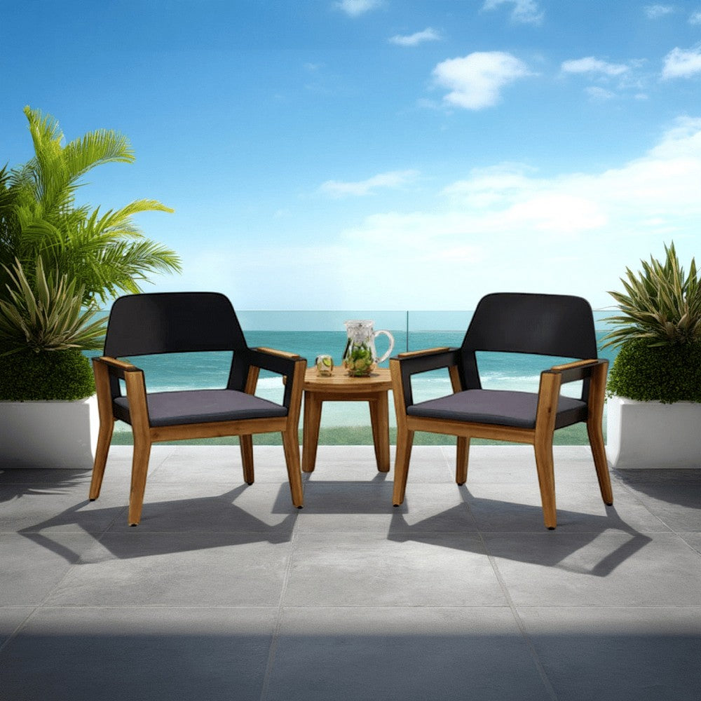 Benjara Soyan Outdoor Club Chair Set of 2, Teak Brown Acacia Wood, Blue Fabric