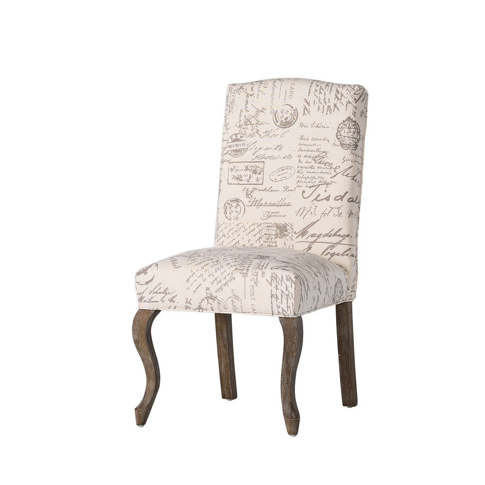 Benjara Lynna Dining Chair Set of 2, Beige Script Pattern Design, Carved Legs