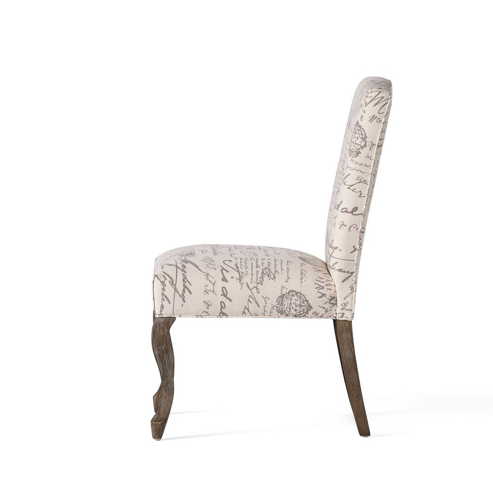 Benjara Lynna Dining Chair Set of 2, Beige Script Pattern Design, Carved Legs