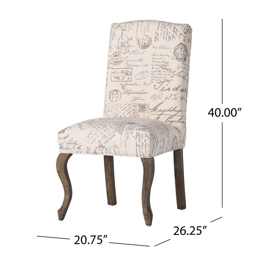 Benjara Lynna Dining Chair Set of 2, Beige Script Pattern Design, Carved Legs