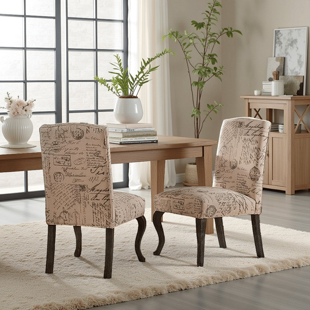 Benjara Lynna Dining Chair Set of 2, Beige Script Pattern Design, Carved Legs