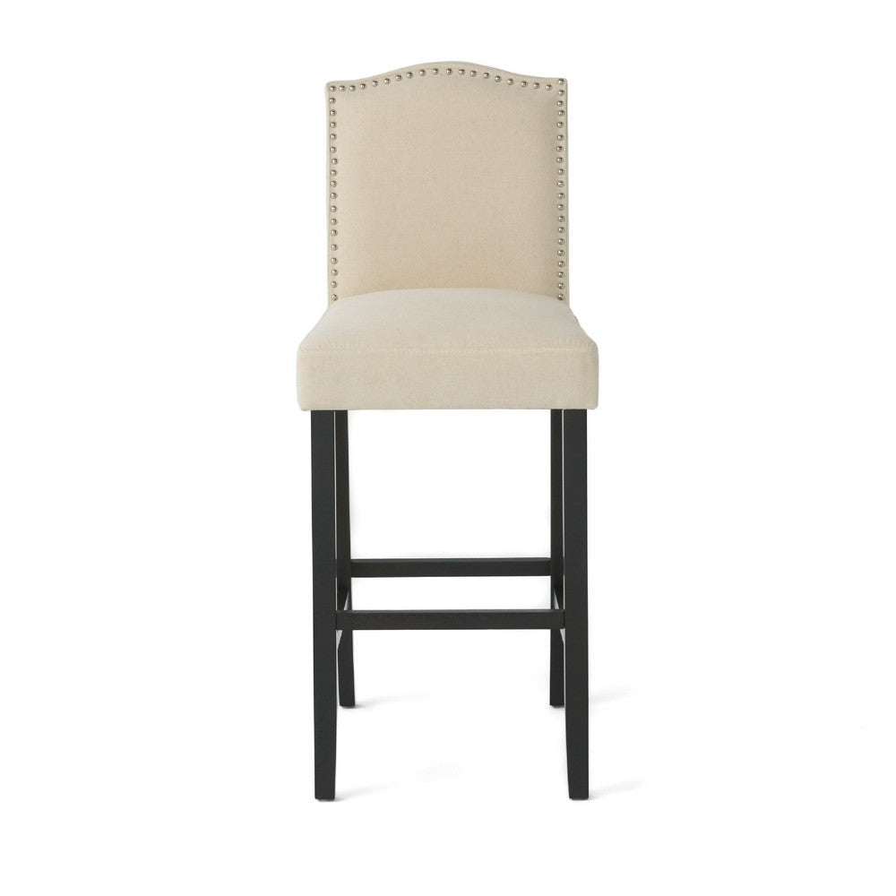 Benjara Marky Barstool Chair Set of 2, Arched Back And Footrest, Beige Fabric