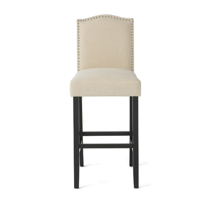 Benjara Marky Barstool Chair Set of 2, Arched Back And Footrest, Beige Fabric