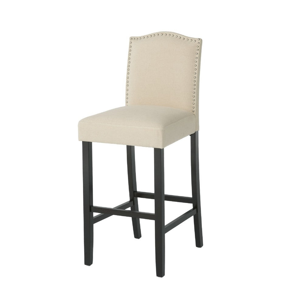 Benjara Marky Barstool Chair Set of 2, Arched Back And Footrest, Beige Fabric